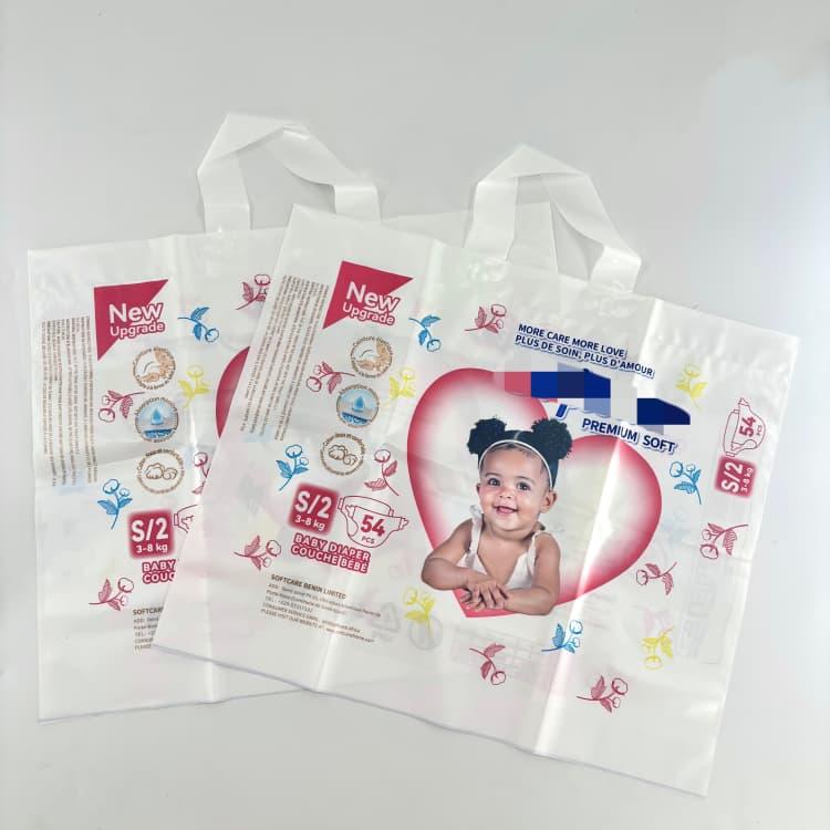PE Matte PE Milky White Diaper Packaging Bag with Double Handle & Pearl Ink